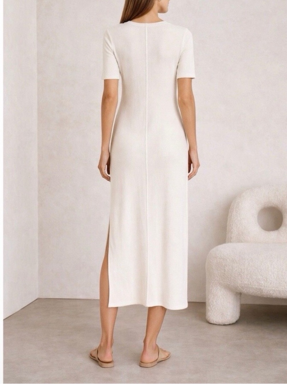 AYR The Moderne Ribbed Midi Maxi Dress Short Sleeve Crewneck Side Slit - Picture 3 of 12